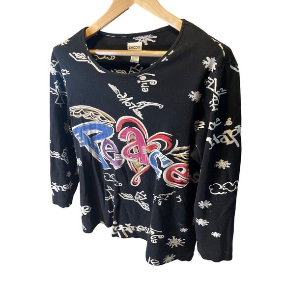 Chico's Grafitti Peace Black White 3/4 Sleeve Round Neck T Shirt Sz L - Picture 3 of 6